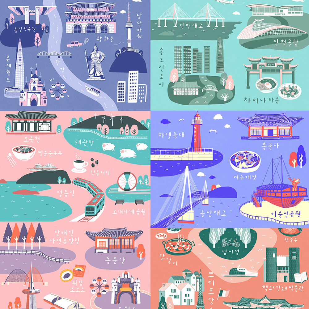 国外旅游世界各地旅游景点插画海报PSD分层设计素材模板